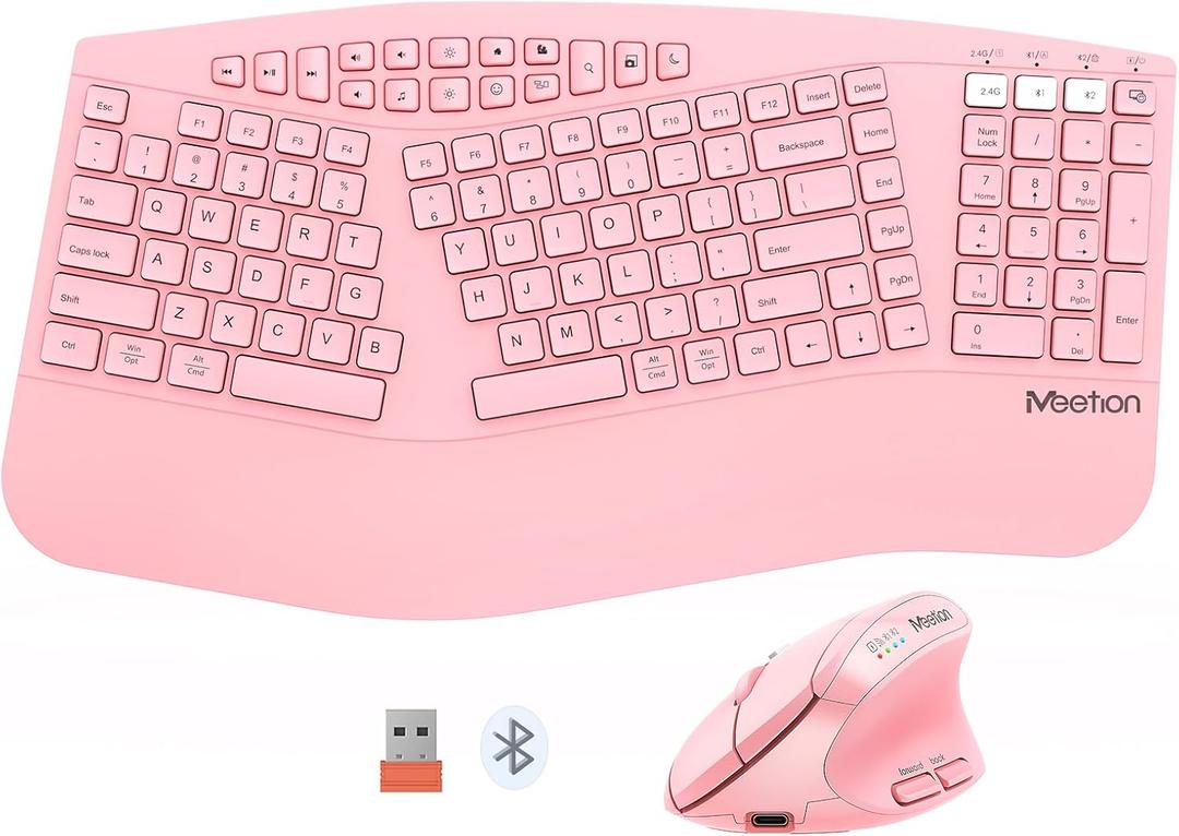 MEETION 2025 Upgrade Pink Ergonomic Keyboard and Mouse, Multi-Device Bluetooth/2.4G Keyboard, 3 DPI Adjustable Wireless Mouse, Full-Sized Rechargeable Cordless for PC/Computer/Laptop/Window