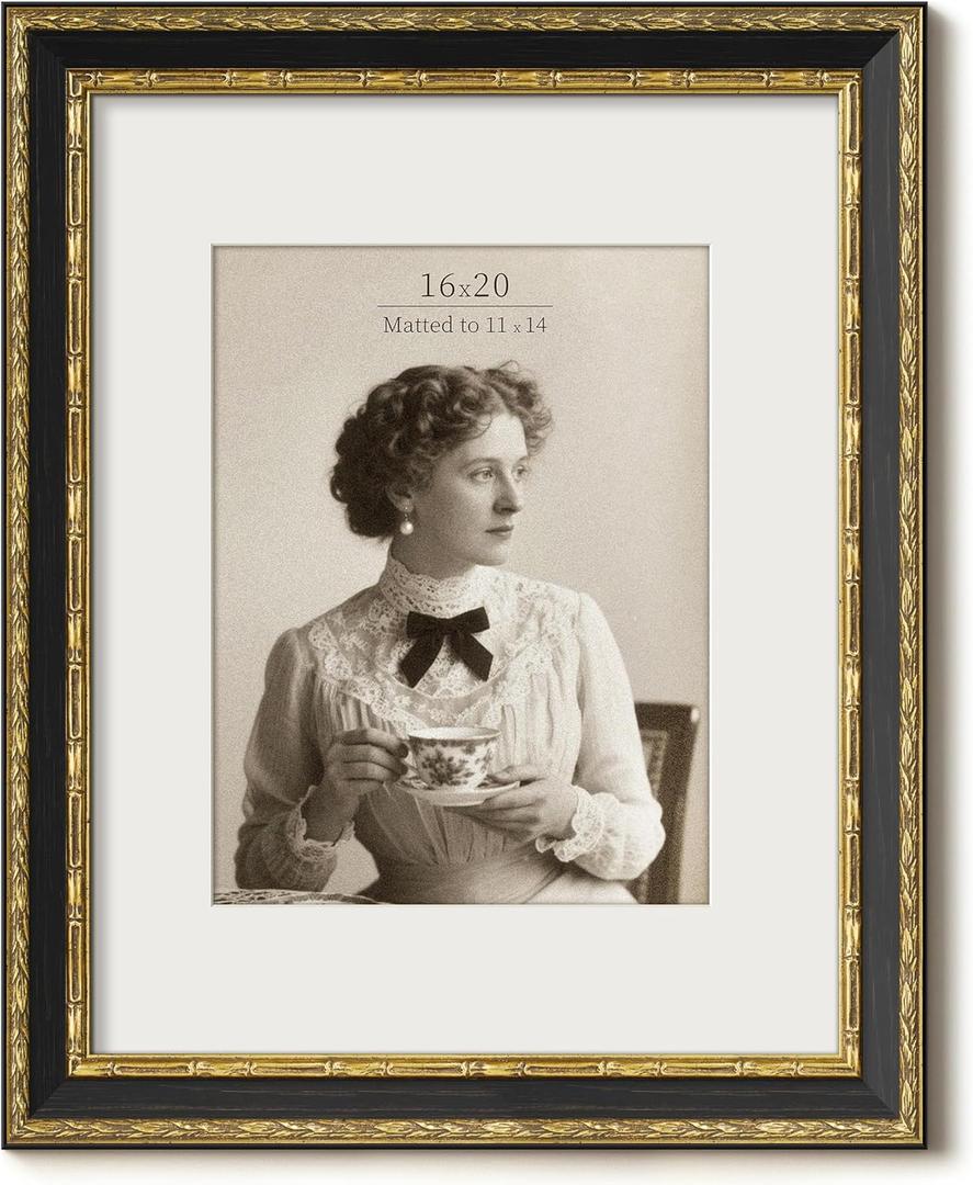 Vintage 16x20 Picture Frame, Ornate Antique Gold 16x20 Frame, Display 11x14 with Mat or 16 x 20 without Mat for landscape or Portrait, Gallery Wall Decor for Home (Black/Gold, Single)