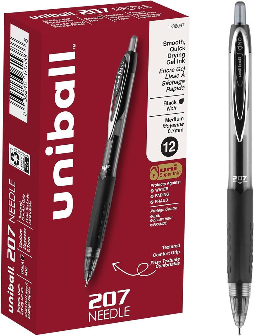 uniball 207 Needle Retractable Gel Pens, Medium Point (0.7mm), Black, 12 Pack