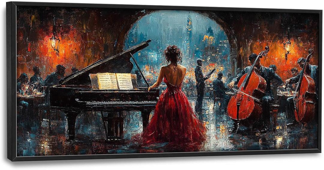 Music Piano Large Wall Art Cello Performance Pictures Wall Decor Musician Canvas Hotel Print Painting Modern Artwork Home Decoration for Dining Living Room Bathroom Bedroom Office Framed 60"x30"