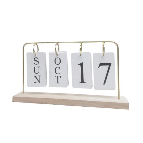 Wooden Perpetual Calendar for Desk, Metal Wood Month Date Display for Teachers, Students, Classroom, Rustic Farmhouse Office Decor, Desk Accessories (gold)