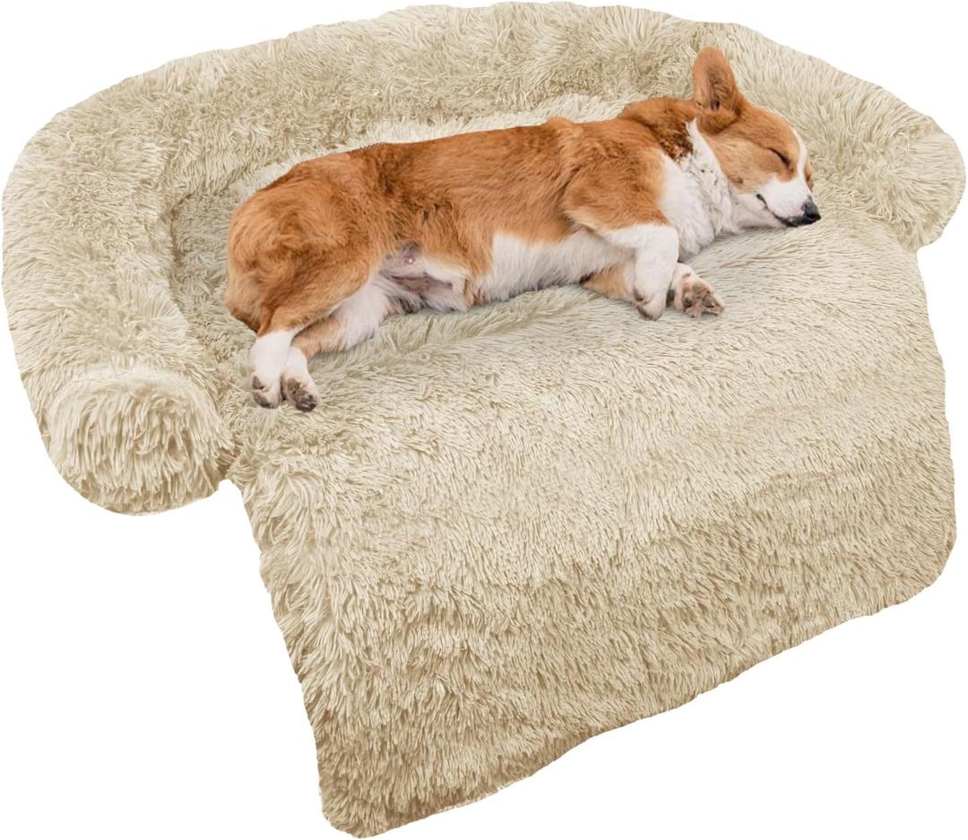 Calming Dog Bed Fluffy Plush Dog Mat for Furniture Protector with Removable Washable Cover for Large Medium Small Dogs and Cats (Medium, Beige),  41x37x6 inches