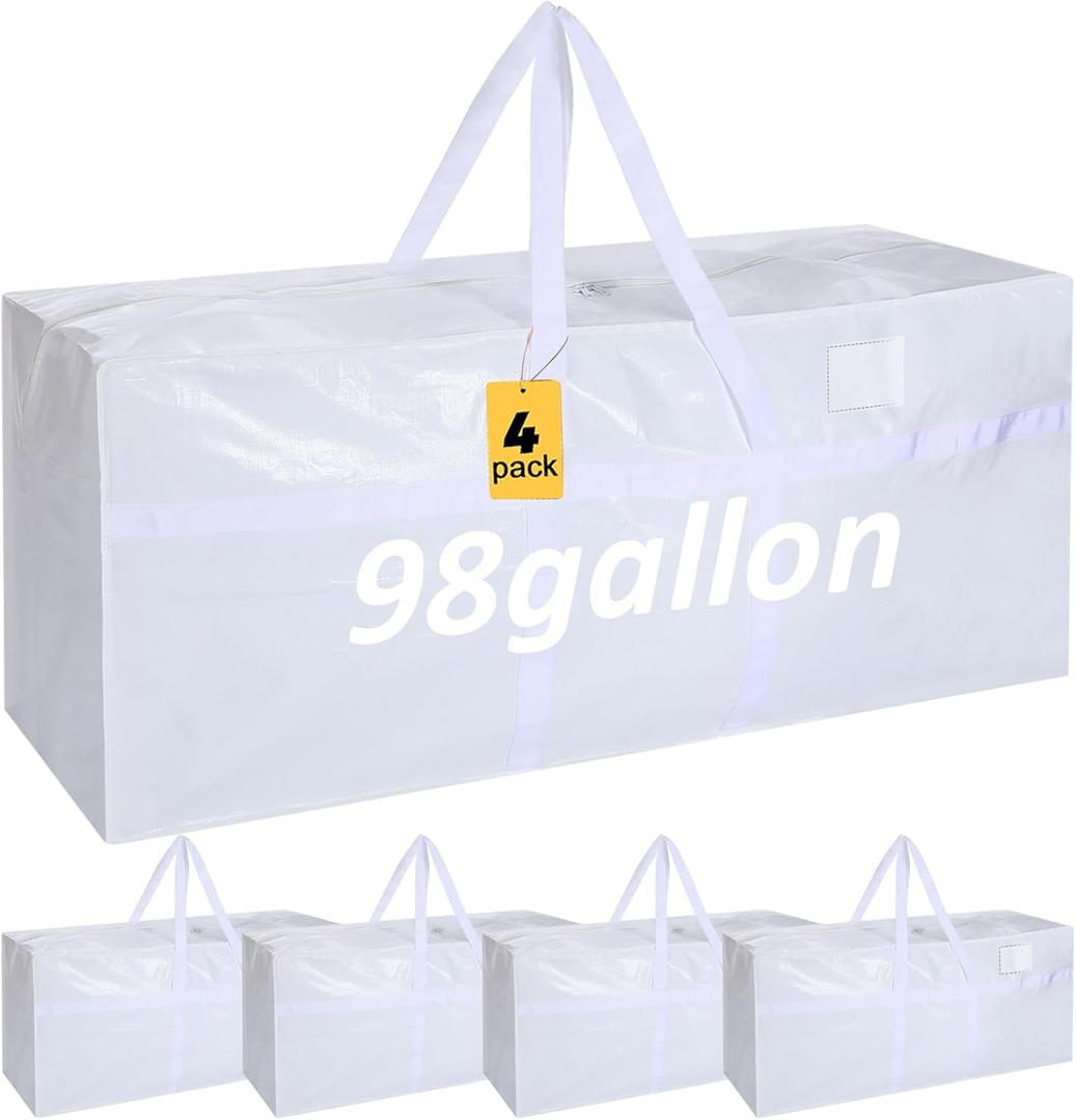 Windyun 4 Pack 98 Gallon Extra Large Moving Bags XXL Heavy Duty Storage Bag with Strong Zipper Handle Jumbo Big Tote Box Foldable for College Dorm Travel Clothes Duffle Blanket Pillow(White)
