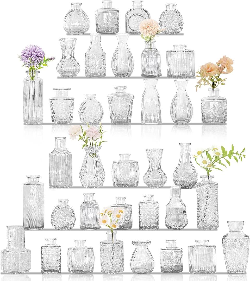 36Pcs Bud Vases Set Small Vintage Glass Bottles Clear Bud Vases in Bulk Multiple Shape Cute Glass Vases for Rustic Wedding Centerpieces Table Decorations and Home Decor(Clear)