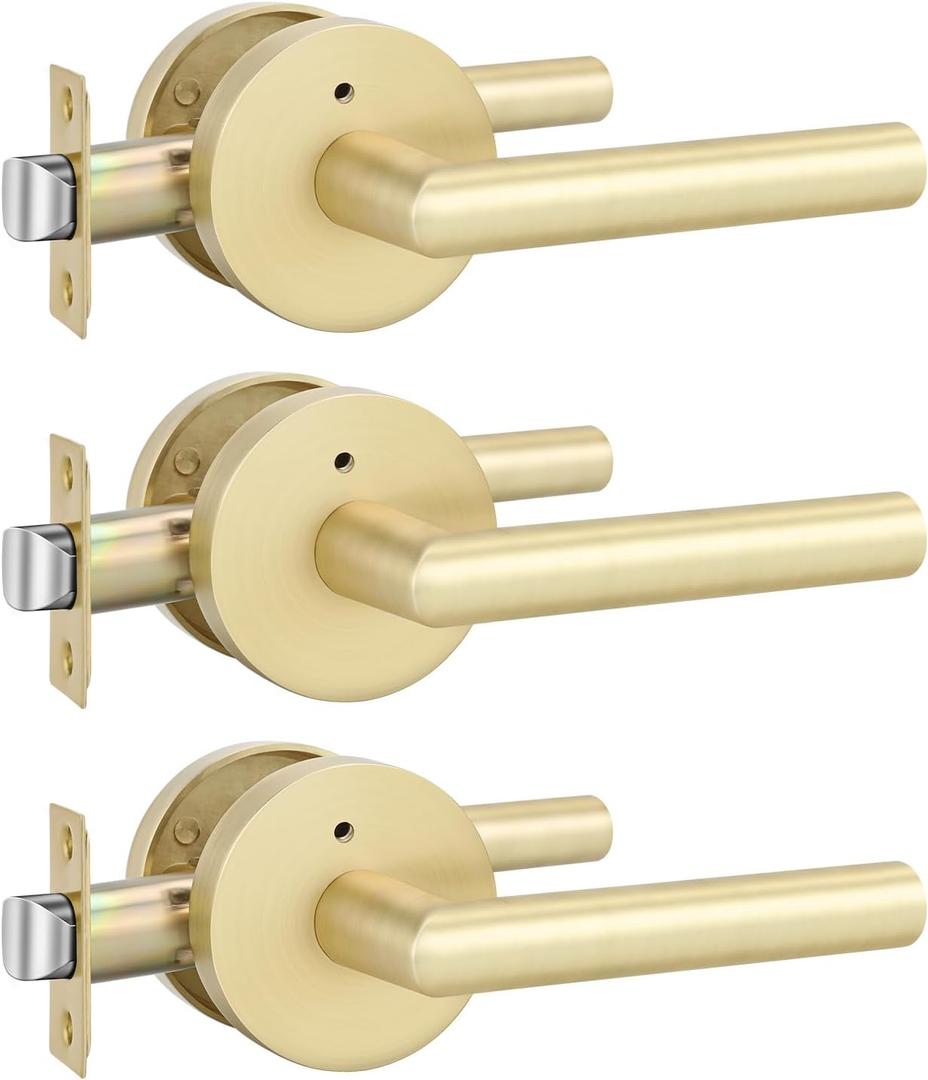 Goldenwarm Gold Door Handles Interior, Privacy Brushed Brass Interior Door Handles, Heavy Duty Zinc Alloy Brushed Gold Door Lever for Bedroom and Bathroom (3 Pack)