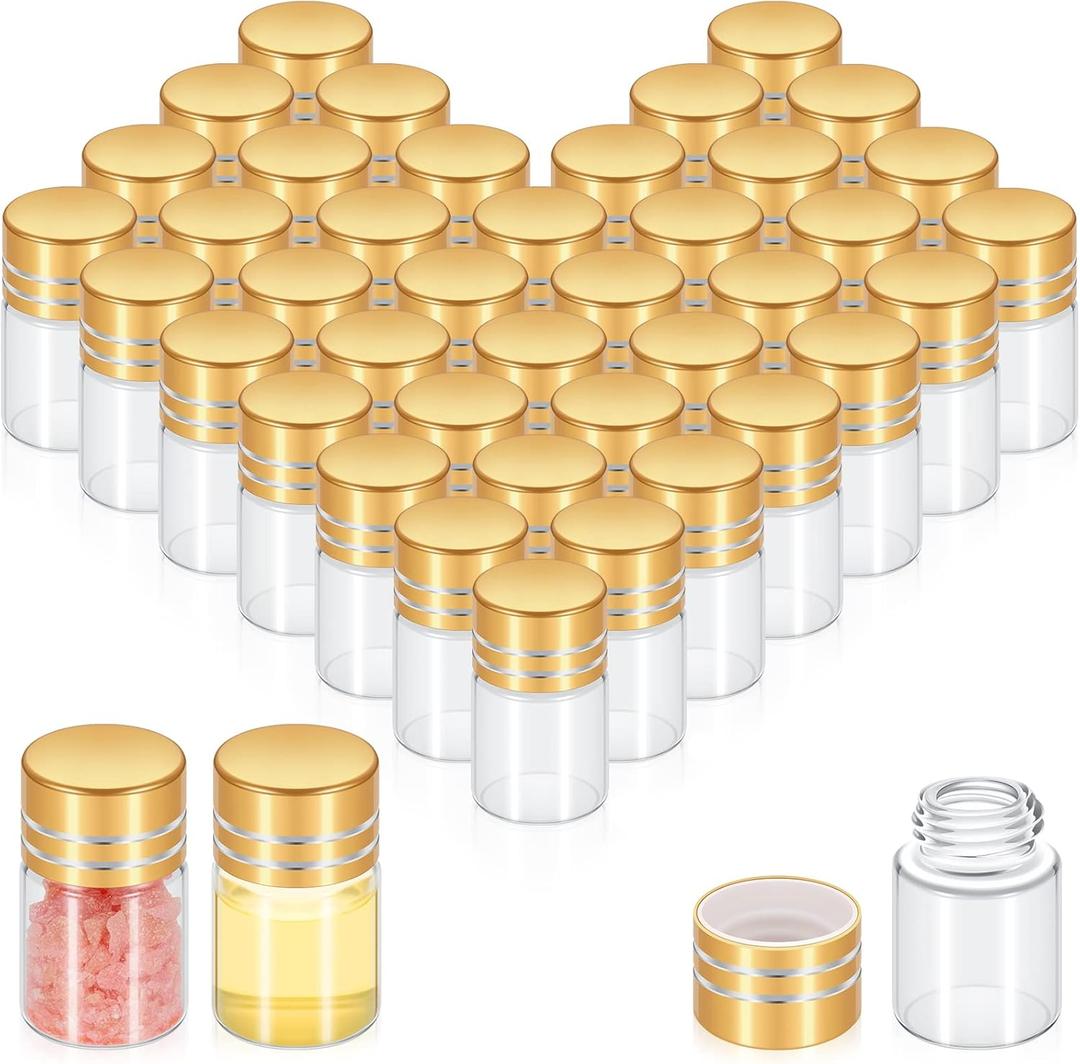 Didaey 50 Pcs Mini Glass Bottles with Screw Caps 2ml Tiny Glass Vials Small Clear Jars Empty Wishing Gift Bottles Jars Tiny Vials Containers for DIY Storage Art Craft Decor (Gold)