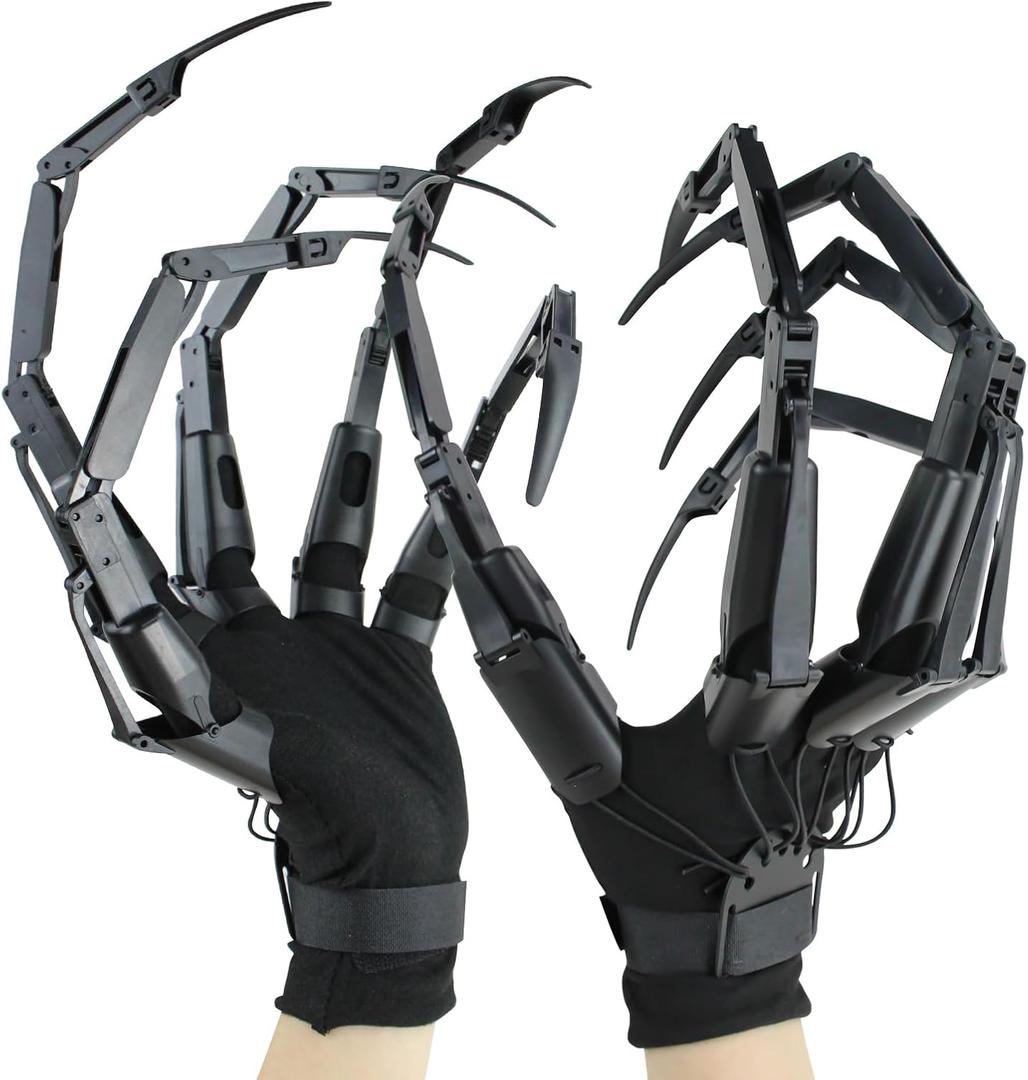 New Articulated Finger Extensions With Protective Glove, Halloween Fingers With Fingernails, Long Claw With Gloves, Scary and Flexible Skeleton Claws Hands (Black+Black Nail)