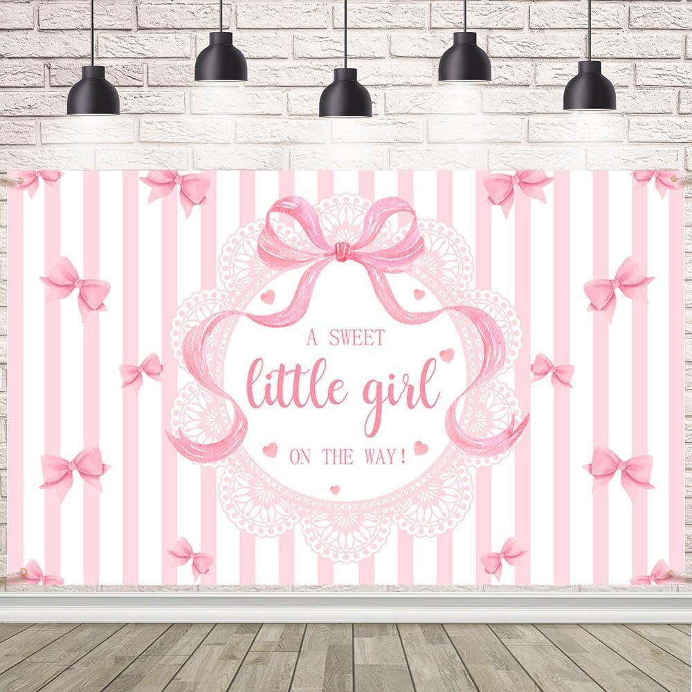 A Sweet Little Girl is on The Way Photography Background Pink Bow Girls Baby Shower Backdrop Pink Baby Shower Decor It's A Girl Party Banner Cake Smash Photo Booth Props (7x5ft)