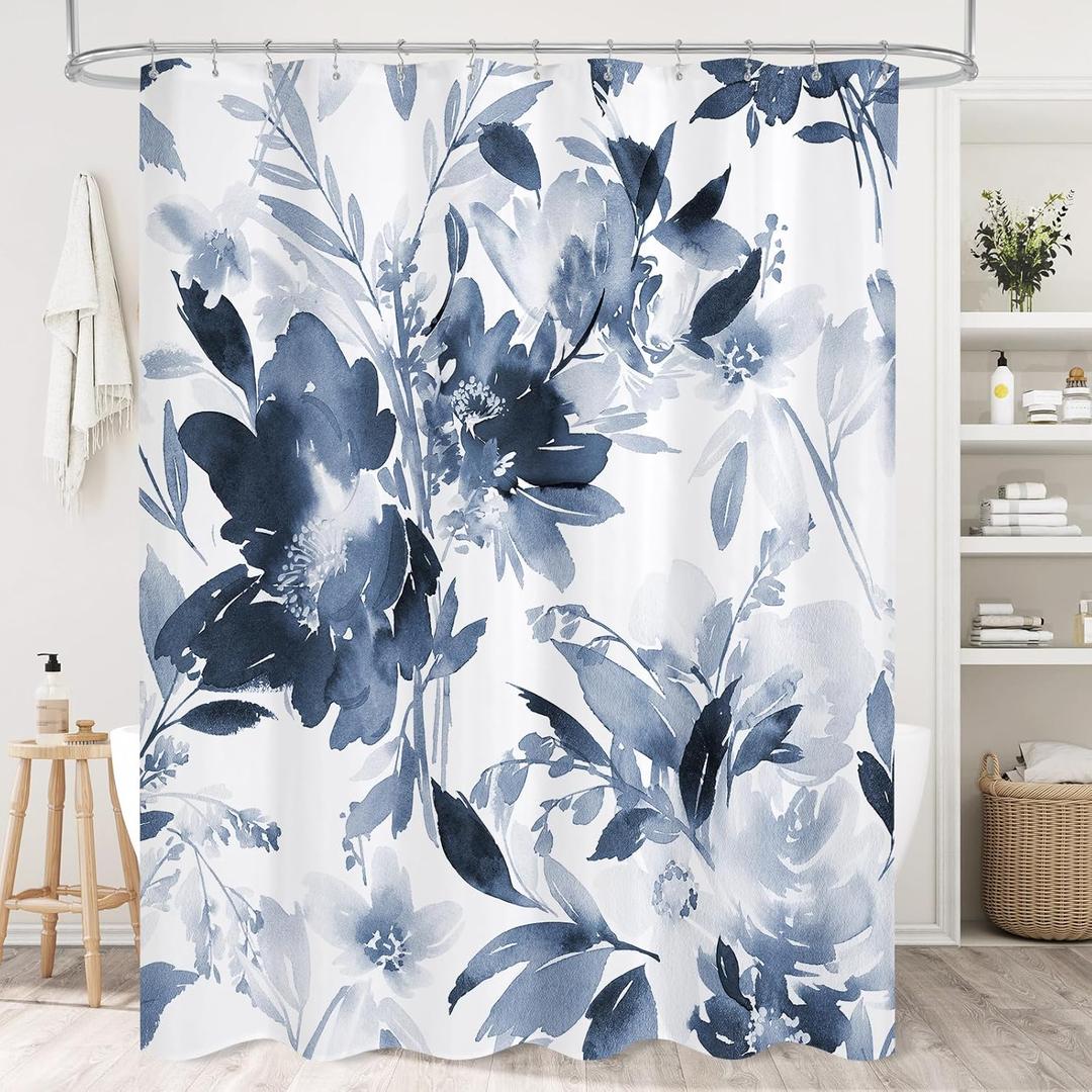 Litabel Navy Watercolor Floral Shower Curtain, Blue Plant Leaves with Flower Shower Curtains for Summer Bathroom Decor, Modern Fabric Botanical Waterproof Shower Curtain Set with Hooks 72x72 Inch