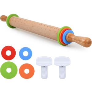 Rolling Pin with 4 Adjustable Thickness Rings and Long Handle 13.6 Inch Wooden Dough Roller for Baking, Dough, Cookie, Cake, Fondant, Pizza and Pie Crust