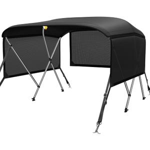 KAKIT 3 4 Bow Bimini Tops for Boats with 3 Mesh Sidewalls Rear Support Poles Boat Canopy Includes Straps Storage Boot, Dark Gray (Black)