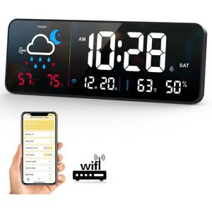 Digital Wall Clock, Digital Clock Large Display with Network Auto-Synced, Corded Smart LED Alarm Clocks Real-Time Shows Weather, Indoor/Outdoor Temp Humidity for Living Room Bedroom Classroom Office