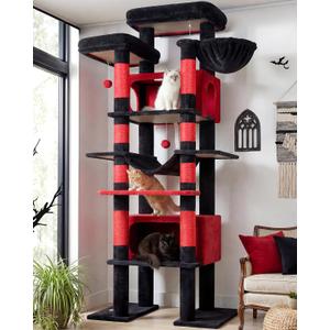 Globlazer XXL Giant Gothic Cat Tree, 83 Inch Heavy Duty Tall Goth Cat Tower for Indoor Cats Large Adult, Multi-Level Large Cat Condo with 8 Scratching Posts, Hammock, 2 Platform, F83B, Black Red