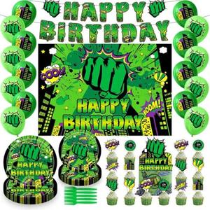 Green hero Birthday Party Decorations Set, Super Theme Hero Party Supplies, Hero Fans Disposable Dinnerware Set for Kid Hero Cityscape Birthday Baby Shower Table Party Decoration
