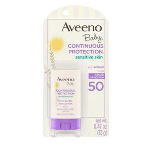 Aveeno Baby Continuous Protection Mineral Sunscreen Stick for Sensitive Skin with Broad Spectrum SPF 50 Protection for Face & Body, Naturally Sourced 100% Zinc Oxide, Travel Size, 0.47 oz