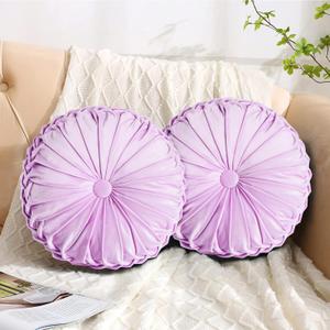 HIG Set of 2 Decorative Round Pleated Throw Pillows,Classy Accent Pumpkin Throw Pillows with Center Button,Vintage Velvet Floor Pillows for Sofa Vanity Chair Bed,Light Purple,14.5" Diameter(Ripple)