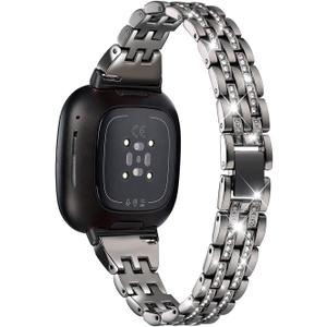 Bling Bands Compatible with Fitbit Versa 4/Sense 2/Versa 3/Sense, Women Dressy Slim Bracelet Metal Replacement Wristbands (Black)