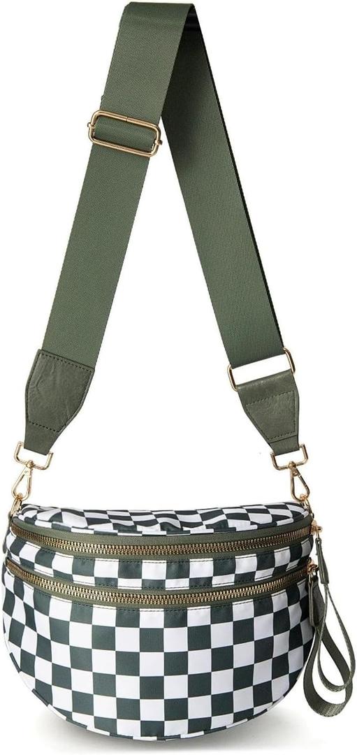 Spacious Crossbody Bag Nylon Bum Bag for Women Fanny Packs Handbags with Adjustable Straps (Bean Green Checkered)