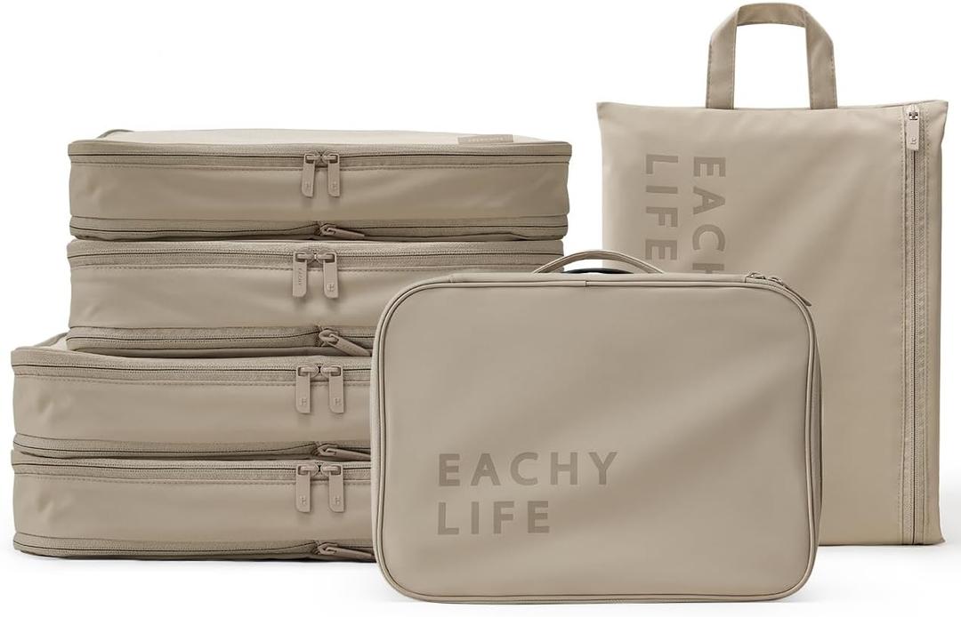 EACHY 6 Set Compression Packing Cubes for Travel & Carry-On, Space-Saving Luggage Organizers & Compression Bags for Clothes & Shoes, Ideal for Vacation & Cruise Essentials (Large, AB-Gray)
