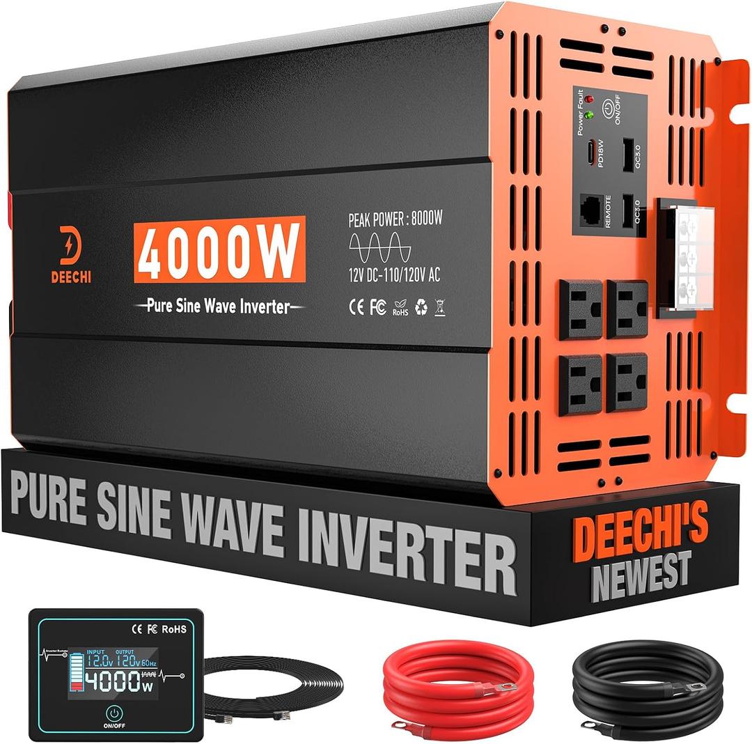 4000 Watt Pure Sine Wave Inverter 12V DC to 110V/120V AC Converter for RV/Truck/Home/Off-Grid Solar Car Power Inverter for Vehicles with 4 AC, 2 USB & 1 Type-C Ports, Hardwire Kit, Remote Controller