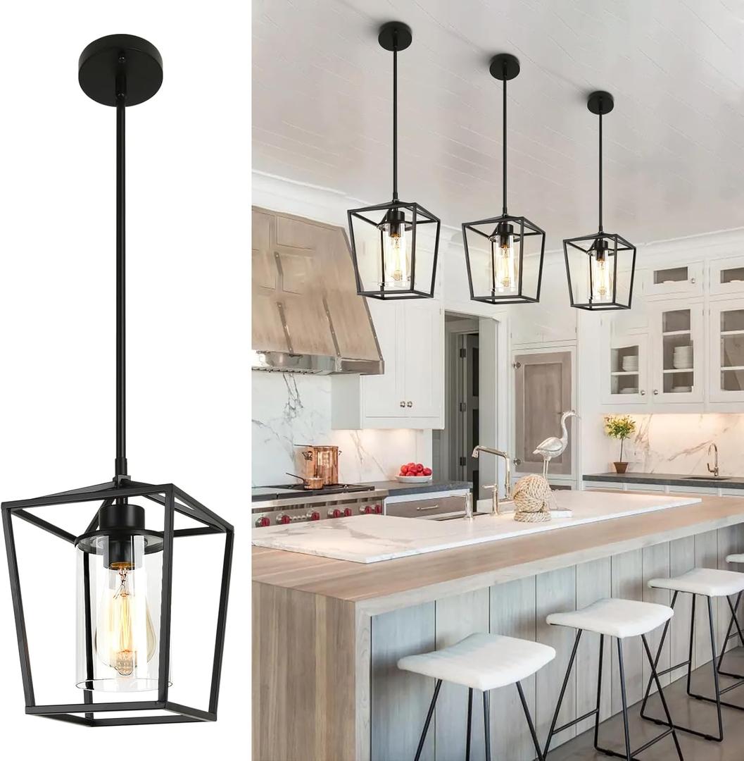 Black Pendant Lights 1-Light Pendant Lights Kitchen Island Farmhouse Lantern Pendant Light Iron Cage Hanging Light Fixtures with Clear Glass Shade for Dining Room, Entryway, Hallway, Porch