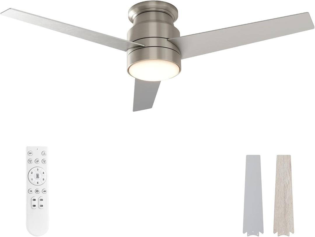 warmiplanet Flush Mount Ceiling Fan with Lights Remote Control, 52-Inch, Brushed Nickel, 3-Blades