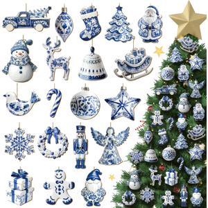 Yuntau 40 Pcs Christmas Chinoiserie Ornaments Blue and White Porcelain Wooden Flat Decoration Christmas Tree Ornaments Chinoiserie Hanging Decor Porcelain Pendants for Small Xmas Tree Decor(Classic)