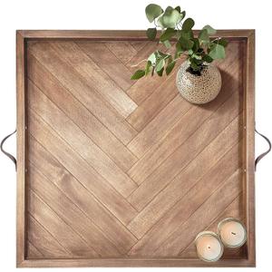 Large Square Ottoman Tray, 24"x24" Wooden Ottoman Trays with Leather Handles, Rustic Decorative Storage Tray for Ottoman