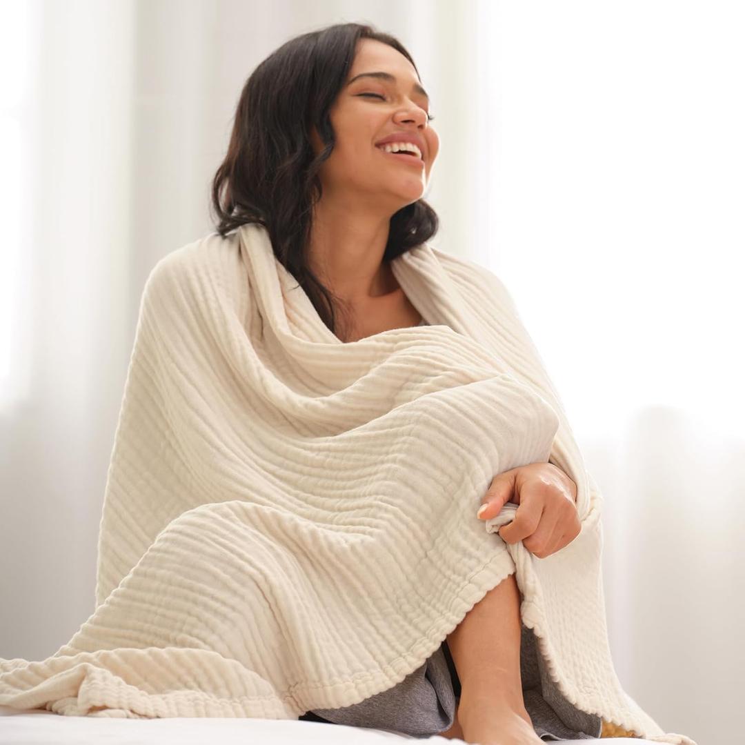 David's Home Soft Cooling Muslin Blanket Queen Size, 60% Rayon Derived from Bamboo 40% Cotton, Breathable Lightweight Cool Blanket for Hot Sleepers, 4-Layer Cozy Gauze for Bed, 90"x90", Natural/Birch