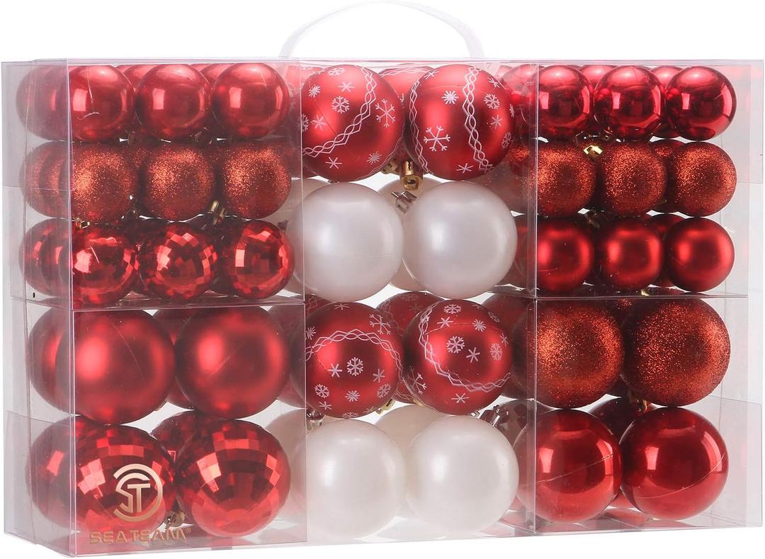 Sea Team 86-Pack Shatterproof Red Christmas Ball Ornaments Set, Assorted Multi-Sized Hanging Baubles, Xmas Tree Decorations, Seasonal Dcor for Holiday Wreath Garland, Hooks Included