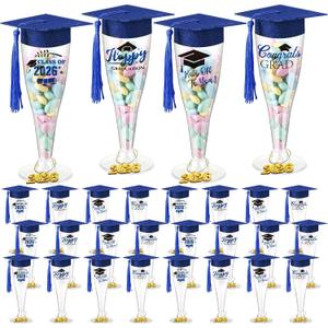 Sawysine 24 Set Graduation Candy Champagne Flutes Table Centerpiece Decoration 6.29'' 2026 Graduation Party Favor 4.5 oz Plastic Grad Cap Jar with Tassel 2026 Pendant Sticker(Royal Blue Hats)
