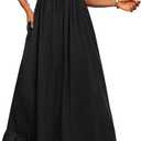 BTFBM Womens Summer Dresses 2026 Casual Short Sleeve V Neck Drawstring Wedding Guest Maxi Dresses Boho Beach Long Dress, Black, Large