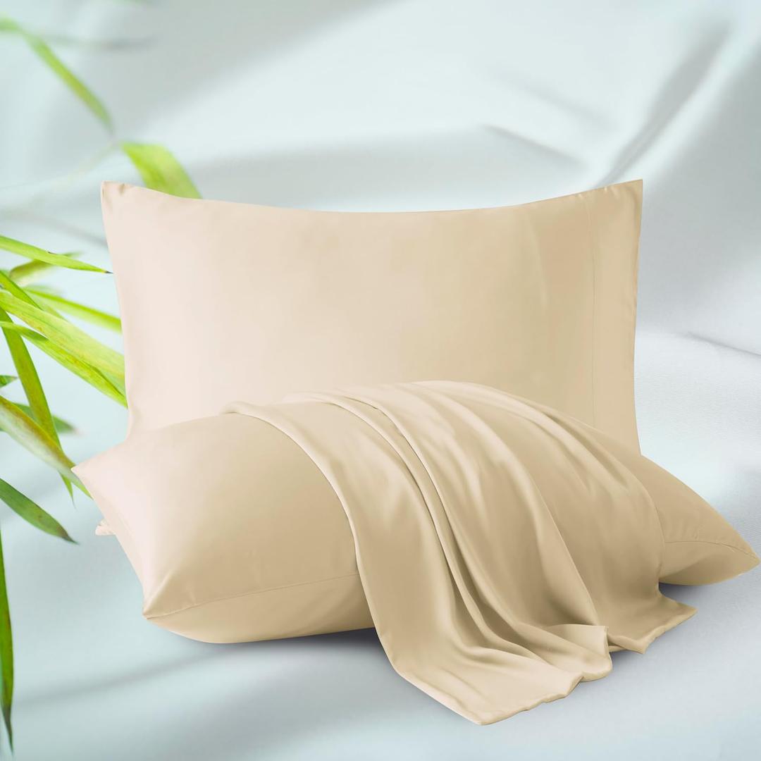 Bamboo Viscose Zippered Pillow Cases Standard Size Set of 2, 400 Thread Count Cooling Pillow Protectors for Hot Sleepers, Luxurious Hotel Quality - Silky, Soft, Breathable (20x26 Inches, Beige)