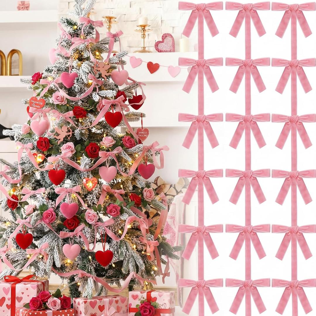 Knitgrip 33 ft Pink Velvet Bows Valentines Day Decorations Pink Bow Coquette Decor Hanging String Garlands for Tree Wall Home Decoration Valentines Wedding Anniversary Party Supplies