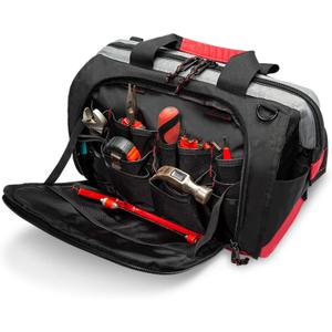 Waterproof Tool Bags for Men or Women, 16-inch Wide Mouth Tool Tote Bag with 25 Pockets for Tool Organizer & Storage, with Adjustable Shoulder Strap (Black/Red)