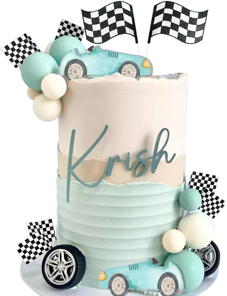 Vintage Race Car Cake Topper for Racing Car Checkered Flag Birthday