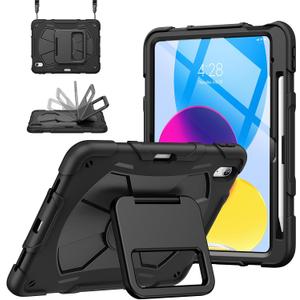Supveco Rugged Case for iPad (A16) 11th Generation 11 Inch 2025 / iPad 10th Generation 10.9 Inch 2022, Heavy Duty Shockproof Cover with 360° Kickstand, Pencil Holder & Shoulder Strap, Black