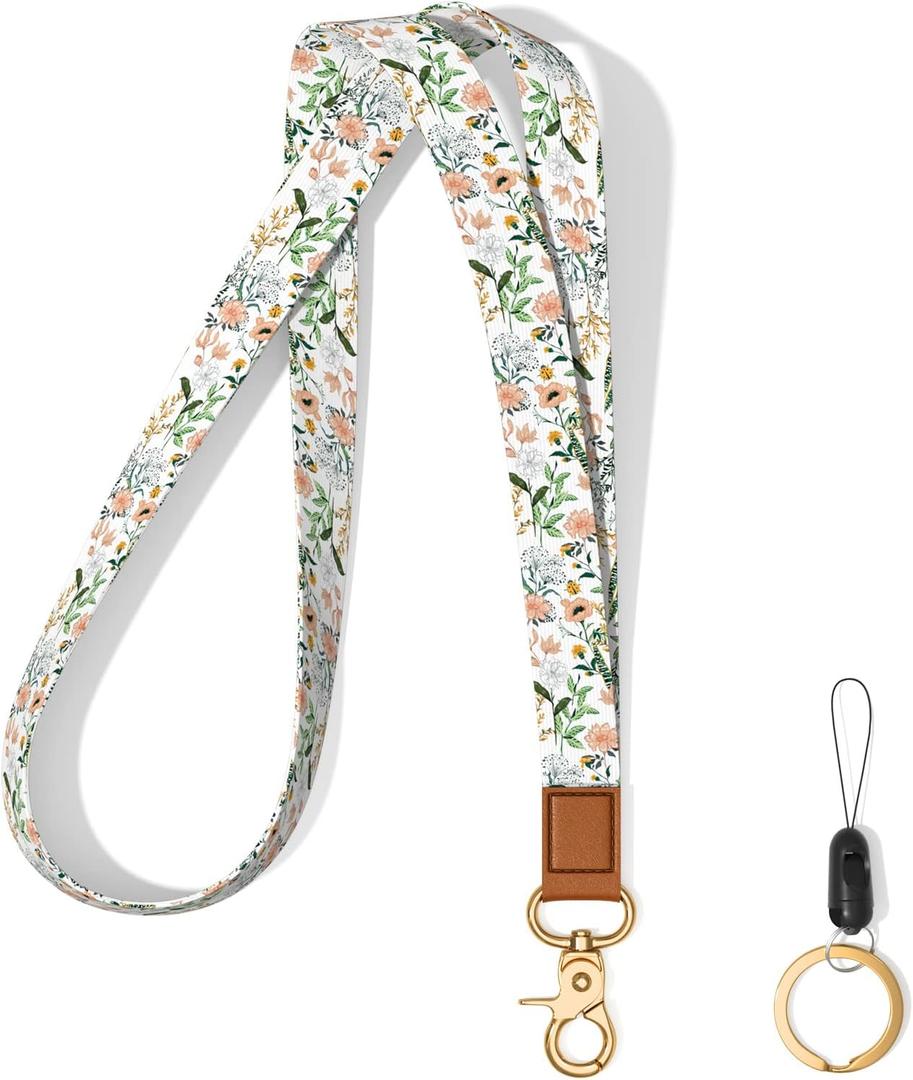 Neck Lanyard Key Chain, Long Lanyard Strap Keychain Holder for Women Men Car Keys ID Badges Card Wallet Phone Camera, White Flowers
