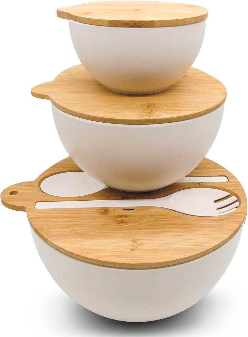 ECOWAY Salad Bowls Set of 3 with Seal Lid & Serving Utensils, Bamboo Fiber Mixing Bowls Set Large Serving Bowls & Storage Set with Bamboo Lid for Salad, Kitchen Eating, Pasta, Popcorn, Fruit, White