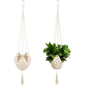 Shappy 2 Packs Jute Crochet Long Plant Hanger for 3 Inch to 12 Inch Pots, Macrame Plant Holder Rope with 2 S Shaped Hooks for Halloween Home Decor(White)