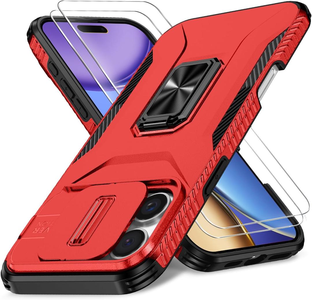 Case for iPhone 15 Pro Max with Slide Camera Cover+Screen Protector(2 Packs), Military Grade Shockproof Protective Cover, Rotated Ring Kickstand(A - Red)