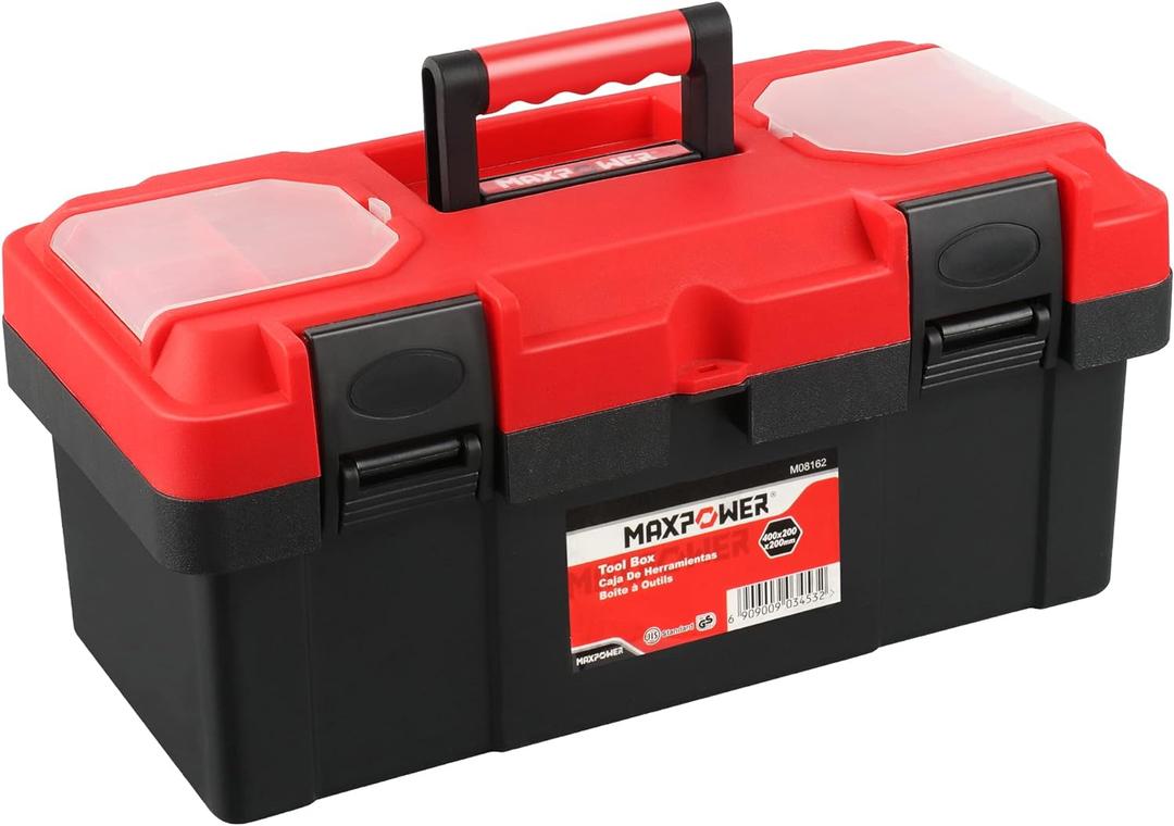 MAXPOWER Tool Box 16 inch, Plastic Small Tool Box with Latch and Removable Tray, Lockable Toolbox for Home