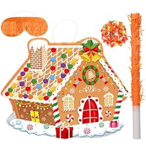 Christmas Gingerbread House Pinata 16 Inch Christmas Mexican Pinata with Stick Blindfold and Confetti Pack Christmas Pinata Bundle for Xmas Birthday Holiday Pinata Game Favors Photo Prop Decoration