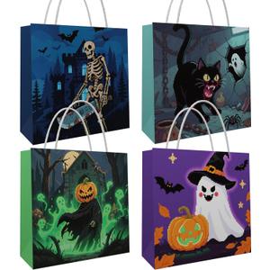 Giphtkom 16 PCS Halloween Paper Gift Bags with Handles, Trick or Treat Bags in 4 Designs, Candy Goodie Snack Bags for Halloween Party Favor Supplies Decoration (Pixel Style)