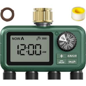 4 Zone Sprinkler Timer with Brass Inlet,Programmable Water Timer for Garden Hose with Rain Delay, Manual& Automatic Watering System,Programmable Digital for Lawn Yard,4 Zone