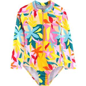 CARMEISON Girls Long Sleeve Swimsuit One Piece Bathing Suit Zipper UPF 50+ Rash Guard Swimwear Yellow Flowers 5T