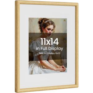 11x14 Picture Frame Natural Oak Wood From California-USA with Real Tempered Glass, Handcrafted 11 x 14 Diploma Frame Matted to 8x10 Photo,Certificate,Degree,Graduation Picture Display on Wall Decor