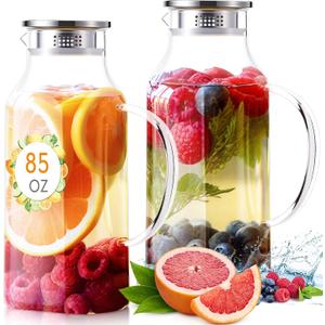 Honeydak 2 Pack 2.5 L/ 85 oz Glass Pitchers with Lids and Handles for Fridge Clear Iced Tea Pitchers with Spout Borosilicate Carafe Jars Large Jugs for Hot Cold Drink Tea Coffee Juice Beverage