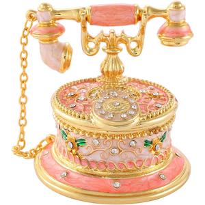 QIFU Hand Painted Pink Telephone Style Enameled Jewelry Trinket Box with Hinged Unique Gift for Home Decor