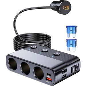 7 in 1 Cigarette Lighter Splitter, LIHAN 3 Socket Car Charger Adapter, Type-C QC3.0 PD 30W Charging, Dual USB Charging Ports, Independent Switches, LED Voltmeter, Plug Outlet 12V/24V(3.3ft Cable)